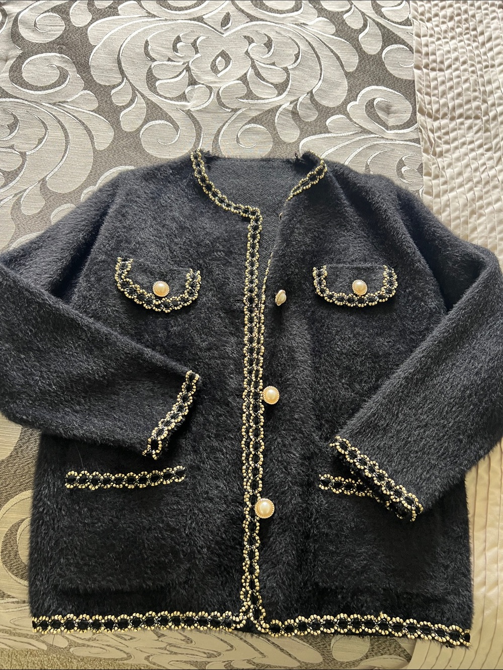 Black Textured Knit Cardigan with Gold Trim & Pearl Buttons